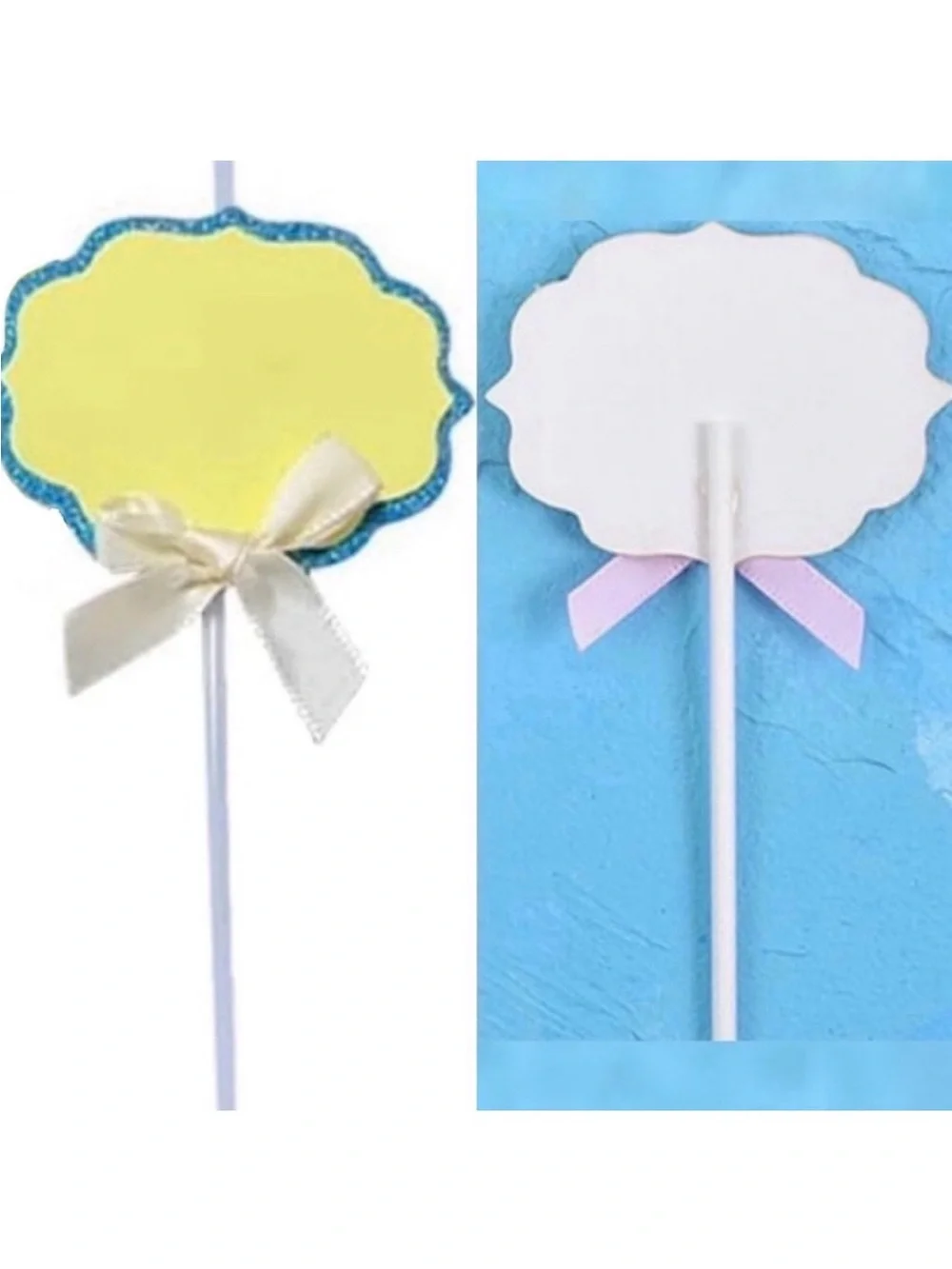💞 New Pack of 10 Yellow & Blue Glitter Buffet Food Label Cupcake Toppers